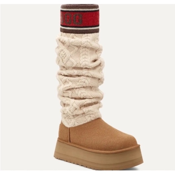 UGG Shoes - UGG Tan Platform Over-the-Knee Boot with Cream Knit Shaft and Red Accent